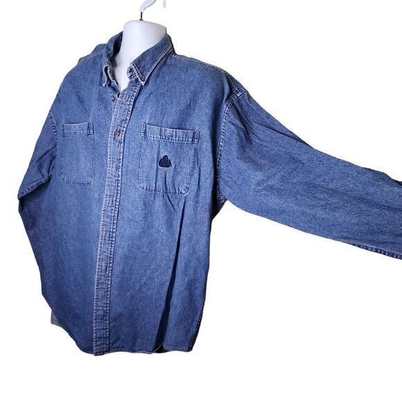 Vintage 80s Izod Long Sleeve Button Up Denim Shirt Mens Size XL Blue Heavyweight - Picture 3 of 6